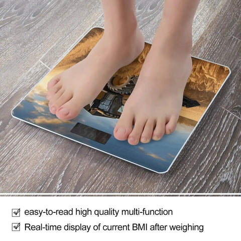 Person standing on Harvest Inspired Digital Bathroom Scale With Tempered Glass Platform, displaying easy-to-read weight