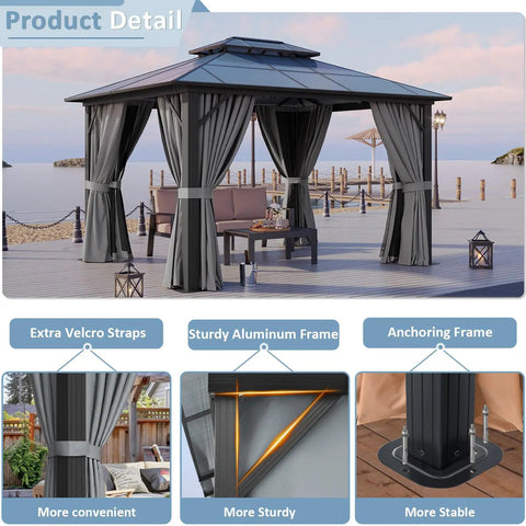 10x12 Hardtop Aluminum Framed Outdoor Gazebo With Double Polycarbonate Roof for Patio and Garden Hangout, UV Protection