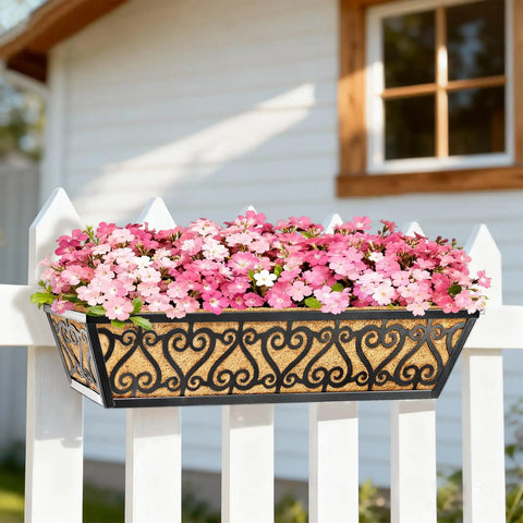 Two Pack 24 Inch Deck Railing Planter Box With Adjustable Brackets And Coco Liners Weatherproof Metal Construction For Balcony Window Sill
