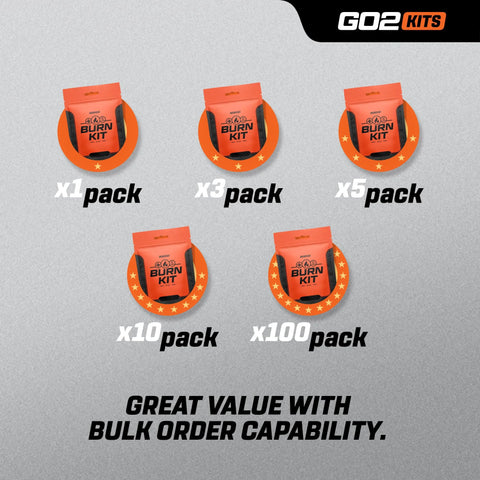 Front view of Go2Kits Burn Kit orange first-aid burn kit pouches in multiple pack sizes (x1–x100) on gray background.