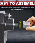 Hand holding 1 Inch 8 TPI Chuck Adapter for Lathe Spindle next to lathe, demonstrating easy assembly process.