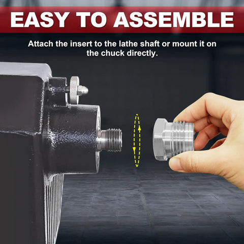 Hand holding 1 Inch 8 TPI Chuck Adapter for Lathe Spindle next to lathe, demonstrating easy assembly process.