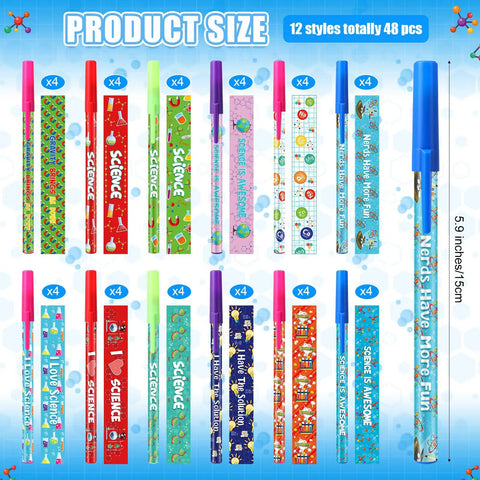 12 colorful designs of 48 Pieces Science Pens Bulk Set With 12 Designs Black Ink 0.5mm Ballpoint Pens For Classroom Rewards Party Favors Back To School Gift And Teacher Supplies