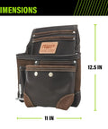 TrapJaw Oil Tan Leather Tool Pouch With Front Access, Wide Opening Snap Closure, Durable Belt Pouch shown with dimensions