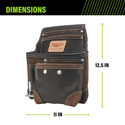 TrapJaw Oil Tan Leather Tool Pouch With Front Access, Wide Opening Snap Closure, Durable Belt Pouch shown with dimensions