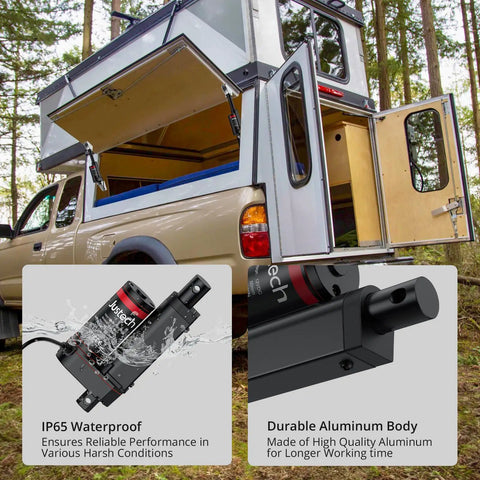 Heavy Duty 12 Volt Linear Actuator Featuring A Clean Two Inch Stroke And Rock Solid Push Pull Action Designed For Smooth Household Upgrades And Moving Heavy Loads Like A Champ mounted on a truck for lifting.