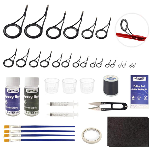 Complete Fishing Rod Eyelet Repair Kit for Spinning Rods, Emergency Quick Fix With Winding Thread Epoxy and Stainless Steel Guides, 22 Piece Set in 11