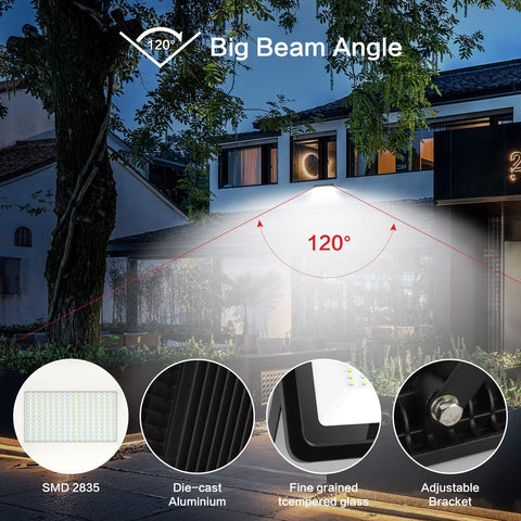 Plug In 400W Outdoor Flood Light With 40,000 Lumens Of 6000K Daylight Brightness illuminating a house, showing 120° beam angle.