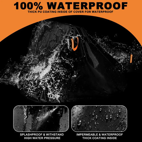 Adult Tricycle Cover Durable 420D Oxford Cloth Windproof Buckle Lock Hole Heavy Duty Weatherproof Shield For 3 Wheel And Electric Trikes Fits Most Bikes Indoors Or Outdoors Rain Or Shine Ready Garage Or Home, black waterproof cover with water splashing on it