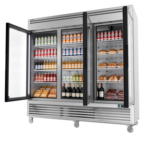 Sleek Stainless Steel Commercial Beverage Cooler With Tempered Glass Front And Bright Led Strip Badass Upright Drink Fridge Plug And Play 78 Cubic Feet For Shop Or Bar displaying drinks and pastries.