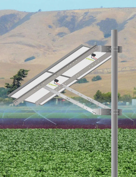 Universal Solar Panel Dual Arm Mount Kit With Support Pole And Wall Bracket, 0 To 90 Degree Tilt, mounted on pole in field