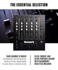 Four Channel DJ Mixer With Built In Audio Interface Three Band EQ Mic Input Replaceable Crossfader Slope Control Phono Line Mic Inputs Master Record Booth RCA Outputs And One Quarter Inch Headphone Jack For Pro Level Sets on display.