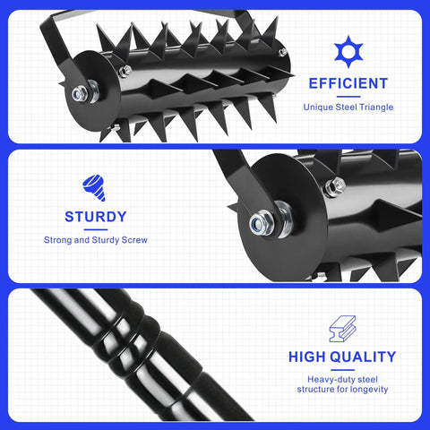 Manual Lawn Aerator Tool With Spiked Roller For Soil Aeration In Gardens And Yards, Durable Metal Construction, close-up view.