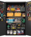 Open 72 Inch Wide Heavy Duty Metal Storage Cabinet On Wheels Lockable Black Garage Cabinet 4 Adjustable Shelves Beefy Steel Storage For Garage Office Pantry Gym filled with tools and supplies.