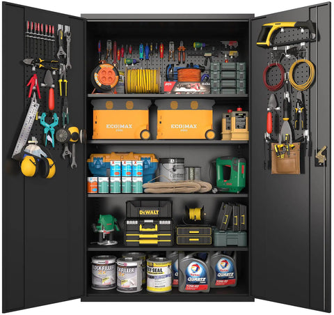 Open 72 Inch Wide Heavy Duty Metal Storage Cabinet On Wheels Lockable Black Garage Cabinet 4 Adjustable Shelves Beefy Steel Storage For Garage Office Pantry Gym filled with tools and supplies.