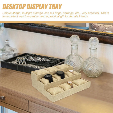 Dope 9 Grid Watch Tray And Jewelry Organizer With Tough Linen Display Plate For Watches And Accessories Featuring Sleek Angled Shape Smooth Storage on dresser.