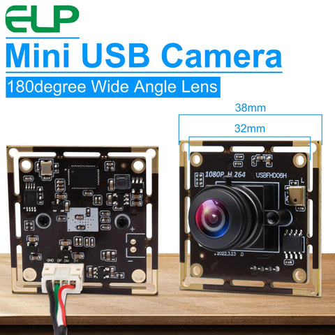 Front and back view of Sony IMX323 Sensor Mini Wide Angle USB Camera Module with Microphone, 180 Degree Fisheye Lens, 1080P HD