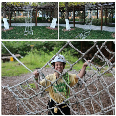 Playground Climbing Net And Cargo Rope Kit For Outdoor Fun Nylon Rope Ladder Swing Balcony Banister Guard Mesh Durable Safety Net For Kids 6.6ft By 6.6ft Gray, child climbing.