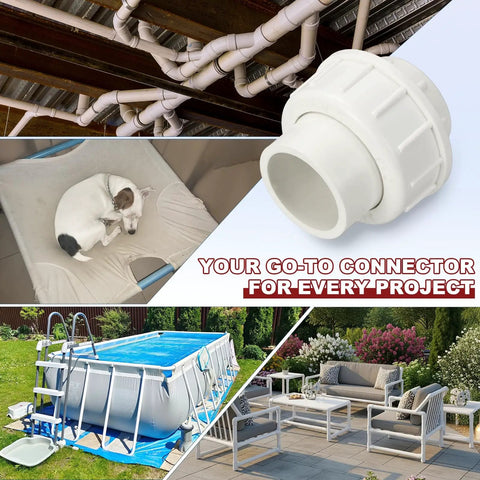 3 Pack One Half Inch PVC Union Coupling Fittings Sch 40 Socket To Socket Slip Union Adapter displayed with applications like piping and pool.