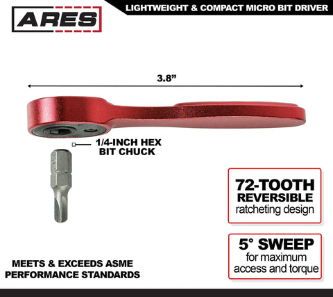Side view of One Quarter Inch Drive Seventy Two Tooth Micro Ratcheting Bit Driver With Anodized Aluminum Build and hex bit.