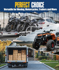 Motorcycles and ATV on trailer for moving, showcasing Retractable Ratchet Tie-Down Straps 2 Inch By 10 Feet, 3000 Lbs Break Strength