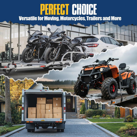 Motorcycles and ATV on trailer for moving, showcasing Retractable Ratchet Tie-Down Straps 2 Inch By 10 Feet, 3000 Lbs Break Strength