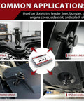 Common applications of 35 Piece Universal Engine Under Cover Splash Shield Hardware Kit on grille, fender liner, splash shield.