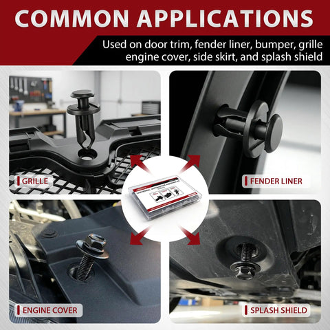 Common applications of 35 Piece Universal Engine Under Cover Splash Shield Hardware Kit on grille, fender liner, splash shield.