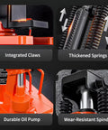 Detailed view of High Capacity Hydraulic Claw Jack Rated For 25 Ton Toe And 50 Ton Top Lift, showing integrated claws, thickened springs, durable oil pump, and wear-resistant spindle.