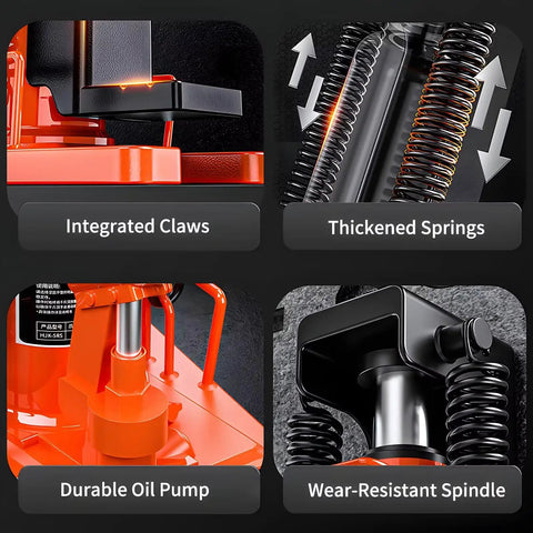 Detailed view of High Capacity Hydraulic Claw Jack Rated For 25 Ton Toe And 50 Ton Top Lift, showing integrated claws, thickened springs, durable oil pump, and wear-resistant spindle.