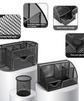 All In One Black Desk Organizer Set For Home Office And School Includes Three Desk Organizers Four Pens Stapler Staples And Remover Tape Dispenser Scissors Ruler Clips Hole Punch And More Perfect For Decluttering Your Workspace showing mesh design and storage features