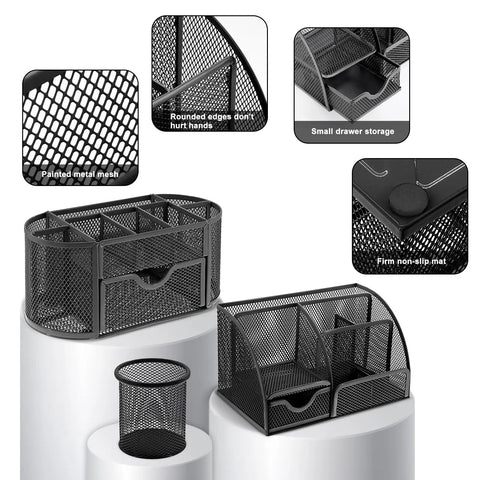 All In One Black Desk Organizer Set For Home Office And School Includes Three Desk Organizers Four Pens Stapler Staples And Remover Tape Dispenser Scissors Ruler Clips Hole Punch And More Perfect For Decluttering Your Workspace showing mesh design and storage features