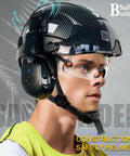 All In One Safety Helmet With Visor And Bluetooth Ear Muffs, matte black, vented hard hat shown from side view on model.