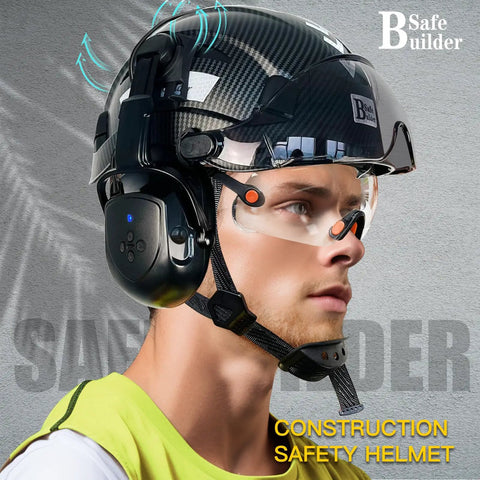 All In One Safety Helmet With Visor And Bluetooth Ear Muffs, matte black, vented hard hat shown from side view on model.