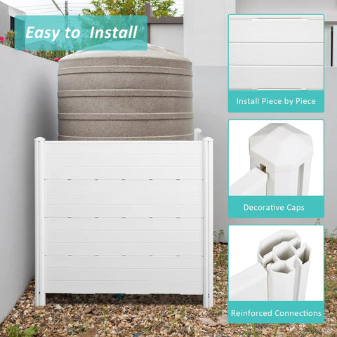 Outdoor Privacy Screen Fence Panels Set Of Two White Panels For Yard Or Garden Hide Air Conditioners Trash Cans And Other Outdoor Equipment Easy Assembly Weather Resistant 47.2 Inches High By 45.6 Inches Wide shown around a water tank