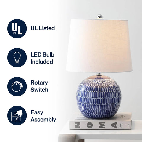 Navy Ceramic Hand Painted Scallop Sphere Table Lamp With White Linen Drum Shade For Coastal Transitional Bedside And Living Room Vibe LED Bulb Included ETL Listed 120 Volt Safe And Stylish on a table