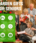 Family exchanging gifts near Christmas tree with garden gifts for seniors text and icons showing garden kneeler features.