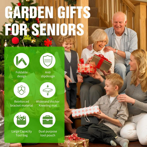 Family exchanging gifts near Christmas tree with garden gifts for seniors text and icons showing garden kneeler features.
