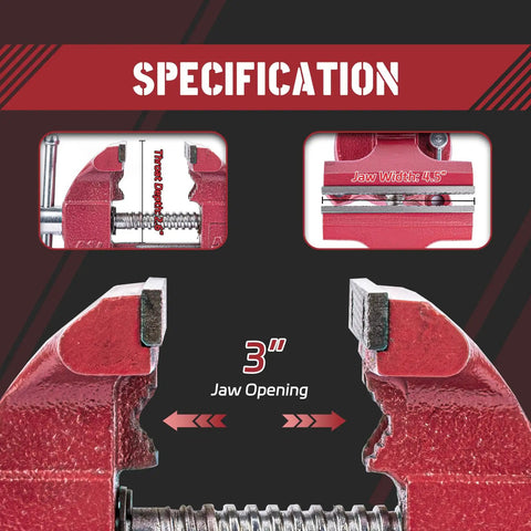 Heavy Duty Bench Vise Featuring A 4.5 Inch Jaw Width And 3 Inch Opening, showcasing 3 inch jaw opening and dimensions with close-up.