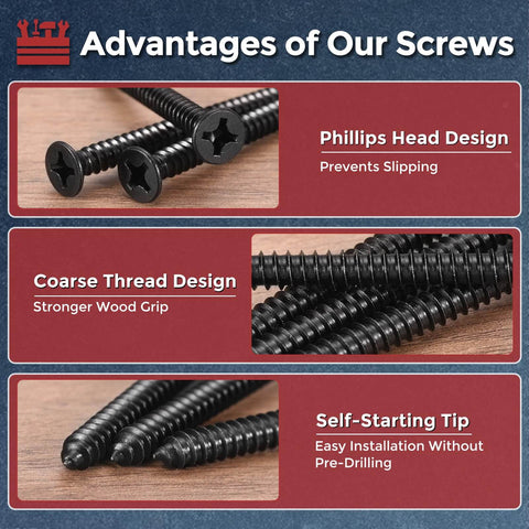 1000 Piece Phillips Flat Head Wood Screws Set Self Tapping Countersunk Screws In ST1 ST1.2 ST1.4 And ST1.7 Sizes 3mm To 6mm Carbon Steel Black with coarse thread and self-starting tip shown in close-up.