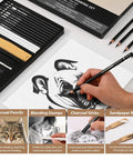 27 Piece Charcoal Drawing Set for Artists With Black and White Charcoal Pencils, White Charcoal, Graphite Sticks displayed