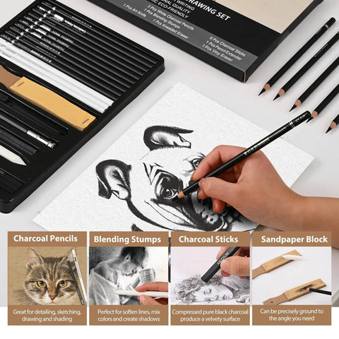 27 Piece Charcoal Drawing Set for Artists With Black and White Charcoal Pencils, White Charcoal, Graphite Sticks displayed