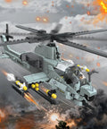 Desert Camouflage Viper Attack Helicopter Building Block Set With 597 Pieces, dual rotors, and realistic weapon details in action.