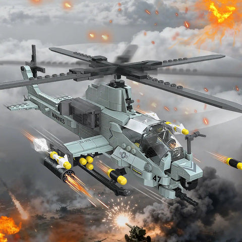 Desert Camouflage Viper Attack Helicopter Building Block Set With 597 Pieces, dual rotors, and realistic weapon details in action.