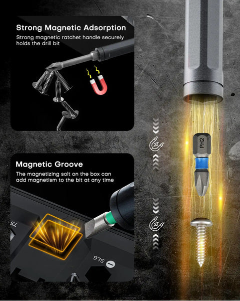 42 In 1 Magnetic Screwdriver Set With T Handle Ratchet S2 Steel Bits showing magnetic adsorption and groove features