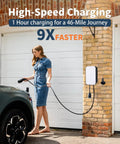 Woman using Beefy Level 2 EV Charger 48 Amp 240V With NEMA 14-50 Plug Rugged Metal Enclosure outdoors