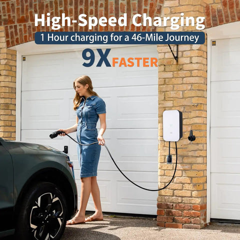 Woman using Beefy Level 2 EV Charger 48 Amp 240V With NEMA 14-50 Plug Rugged Metal Enclosure outdoors