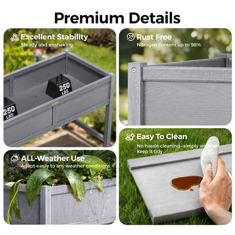 HDPE Elevated Raised Garden Bed with Legs for Outdoors 47 x 22 x 30 inches, shown with stability and easy-to-clean features in use.