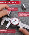 0-6 Inch Dial Caliper With SAE Inch Range And 0.001 Inch Accuracy Analog Mechanical Stainless Steel Measuring Tool, clear dial view