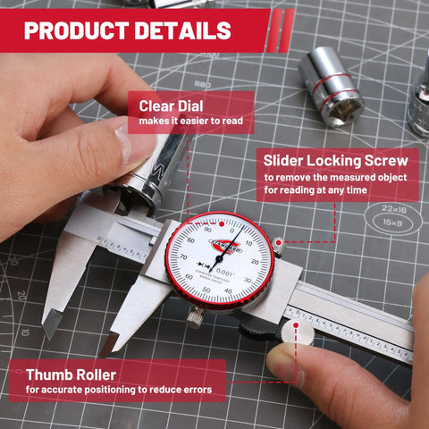 0-6 Inch Dial Caliper With SAE Inch Range And 0.001 Inch Accuracy Analog Mechanical Stainless Steel Measuring Tool, clear dial view